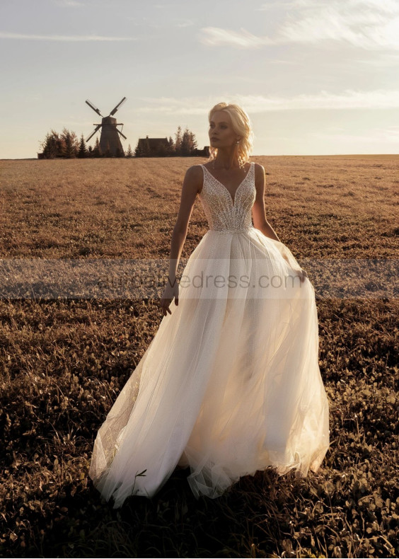 Ivory Glitter Lace Tulle Modern Wedding Dress
